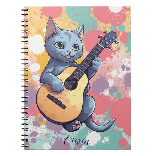 Caderno Espiral Notebook de gato azul russo com guitarra (Frente)