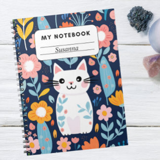 Caderno Espiral Notebook de gato bonito e padrão floral