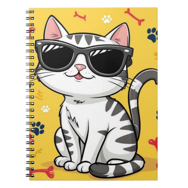 Caderno Espiral Notebook de gato engraçado Gato de desenho vestind (Frente)