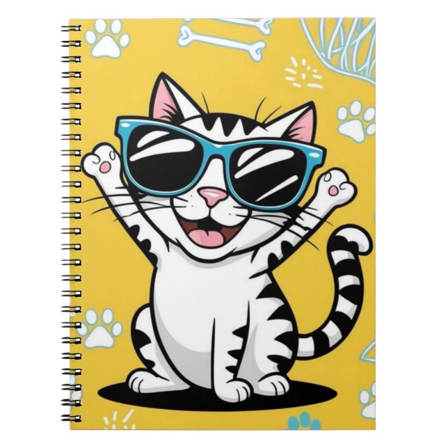 Caderno Espiral Notebook de gato engraçado Gato de desenho vestind (Frente)