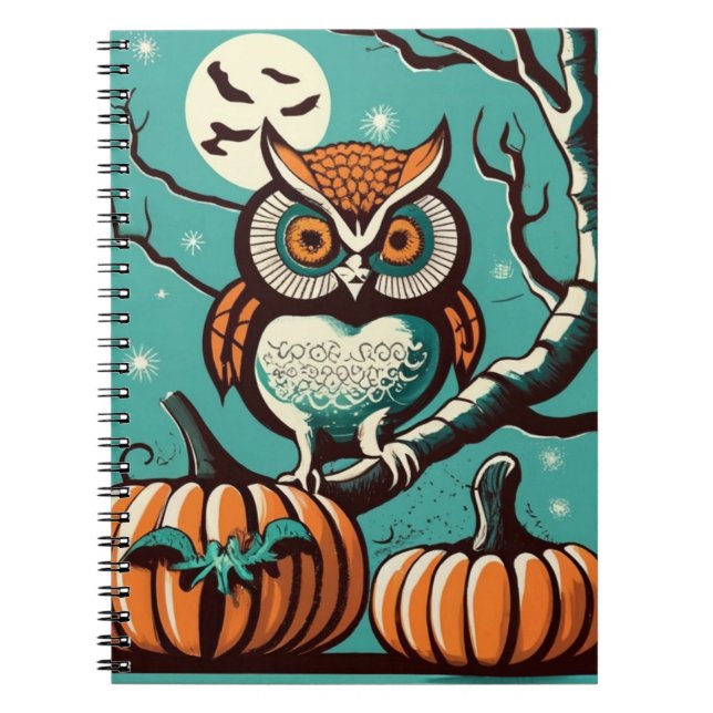 Caderno Espiral Notebook de Halloween noturno da coruja com Pumpki (Frente)