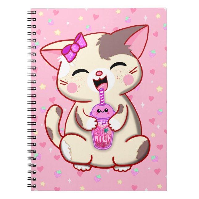 Caderno Espiral Notebook de leite de morango rosa e Gatinho branco (Frente)