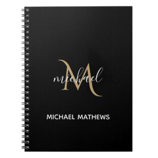 Caderno Espiral Notebook de luxo elegante monograma negro e Dourad