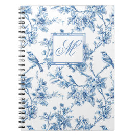 Caderno Espiral Notebook de Monograma de Chinoiserie Azul e Branco