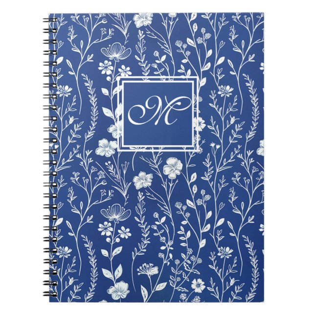 Caderno Espiral Notebook de Monograma de Flor Azul e Branco (Frente)