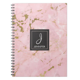 Caderno Espiral Notebook de Monograma de Mármore Dourado e rosa
