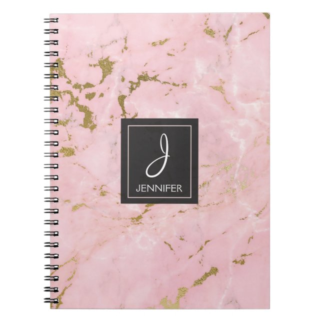 Caderno Espiral Notebook de Monograma de Mármore Dourado e rosa (Frente)
