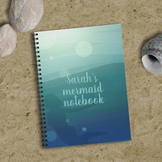 Caderno Espiral Notebook de Ondas no Oceano Teal Sereia (Add your name to this cute mermaid notebook & dive into lovely blank pages with your adventures)