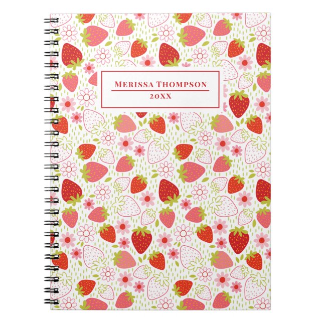 Caderno Espiral Notebook de padrão de morango vermelho personaliza (Frente)