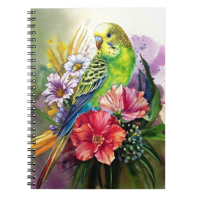 Caderno Espiral Notebook de periquito e flores (Frente)