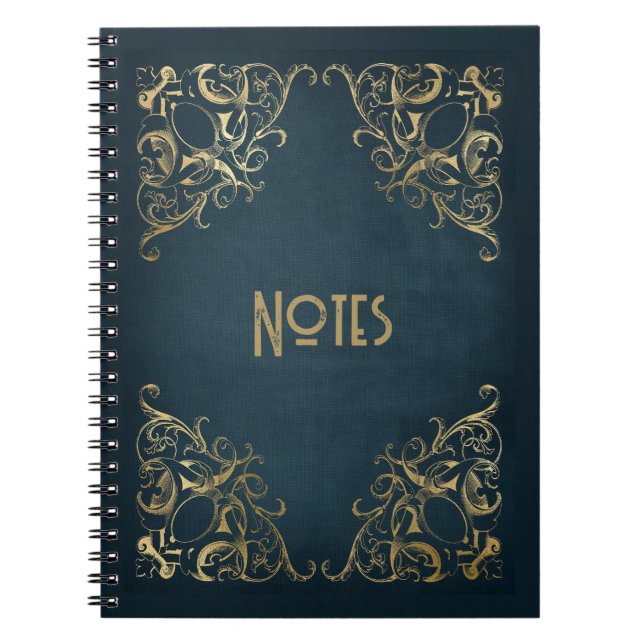 Caderno Espiral Notebook de quadro azul e Dourado do ornamentado (Frente)