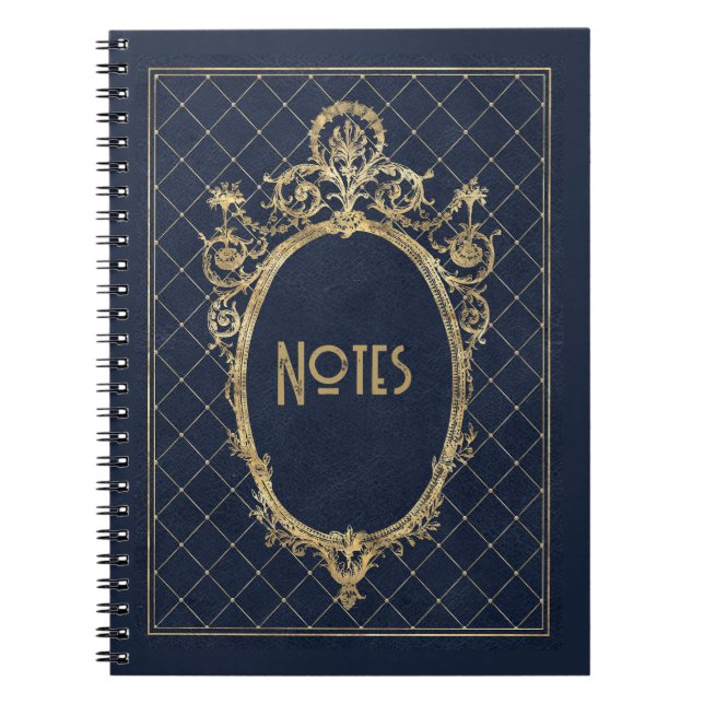 Caderno Espiral Notebook de quadro azul e Dourado do ornamentado (Frente)