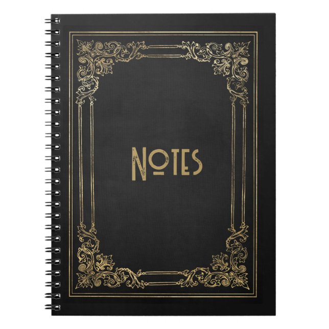 Caderno Espiral Notebook de quadro ornamentado preto e Dourado (Frente)