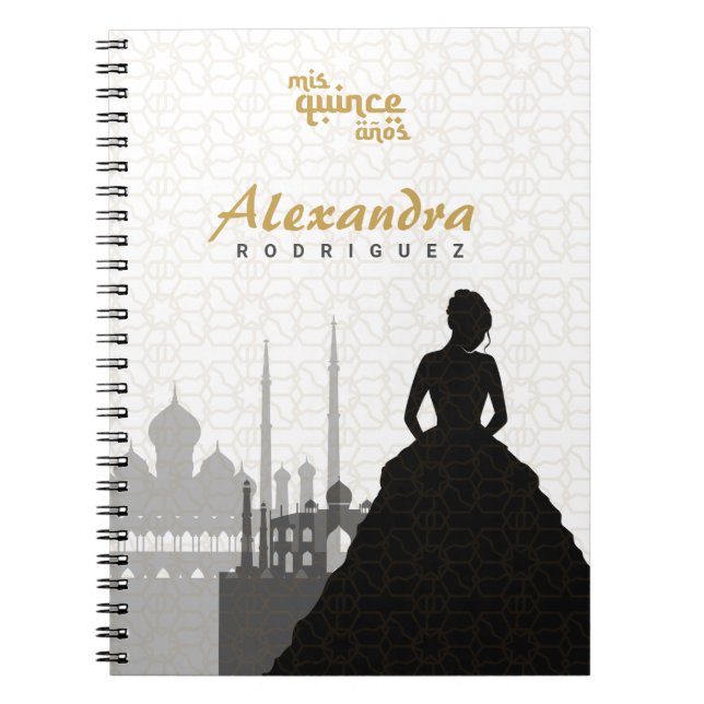 Caderno Espiral Notebook de Quinceañera árabe preto e Dourado (Frente)