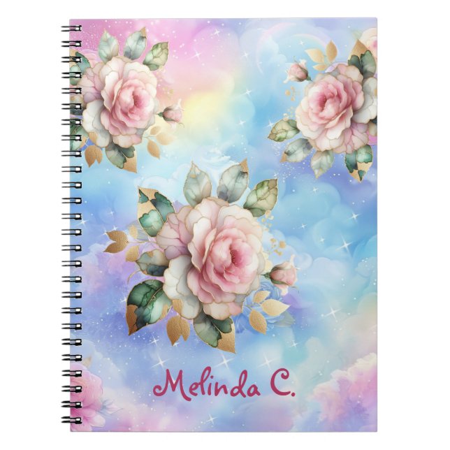 Caderno Espiral Notebook de Rosas Rosa e Nuvens do Arco-Íris (Frente)