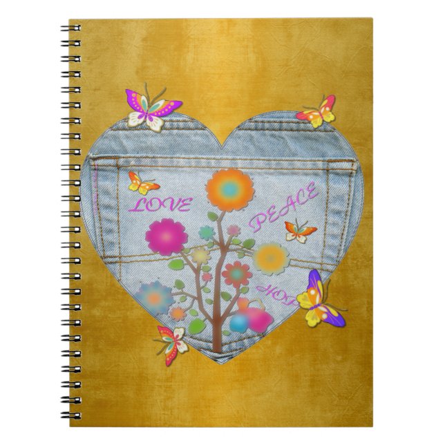 Caderno Espiral Notebook Denim Pocket Heart Flowers Butterflies (Frente)