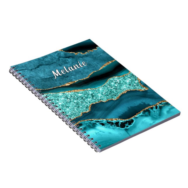 Caderno Espiral Notebook Dourado azul Teal com nome personalizado (Lado Direito)