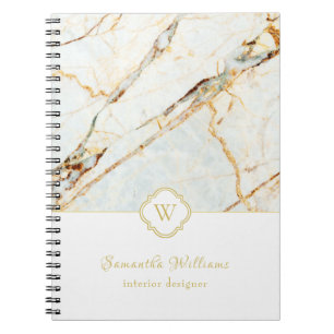 Caderno Espiral Notebook Dourado branco Elegante monograma Marble