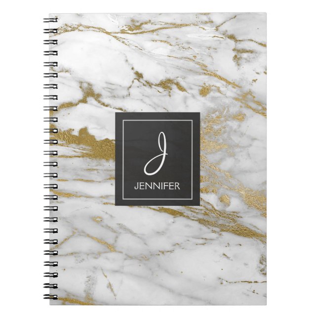 Caderno Espiral Notebook Dourado e branco de monograma de mármore (Frente)
