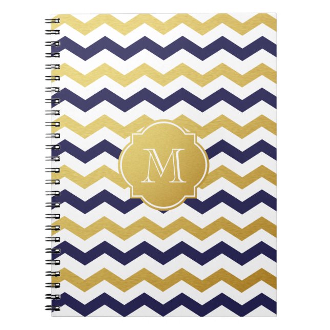 Caderno Espiral Notebook Dourado e Marinho Blue Chevron Monograma (Frente)