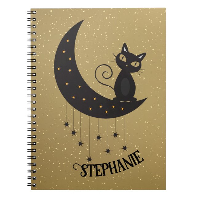 Caderno Espiral Notebook Dourado Gato Crescente E Gato Negro (Frente)