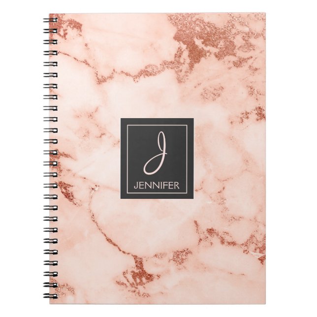 Caderno Espiral Notebook Dourado Rosa Marble Monograma (Frente)