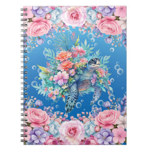 Caderno Espiral Notebook Elegant Watercolor Floral Sea Turtle