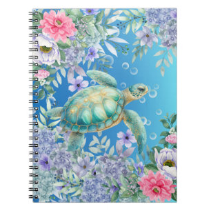 Caderno Espiral Notebook Elegant Watercolor Floral Sea Turtle