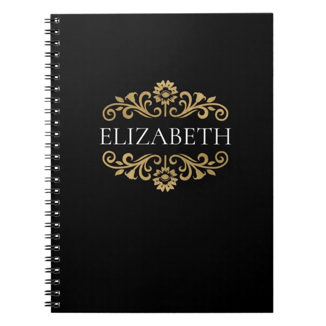 Caderno Espiral Notebook Elegante Monograma Dourado Espiral Preto (Frente)