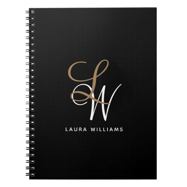 Caderno Espiral Notebook Elegante Monograma Dourado Preto (Frente)