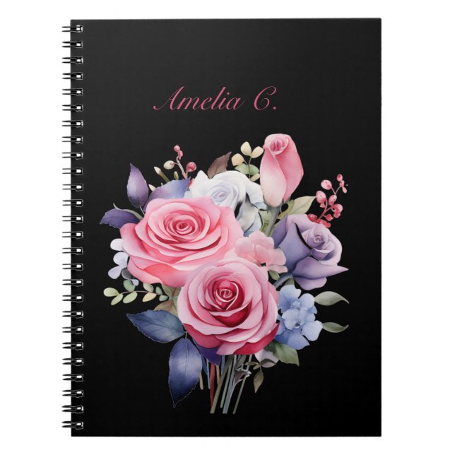 Caderno Espiral Notebook Elegante Watercolor Rose Bouquet Black (Frente)