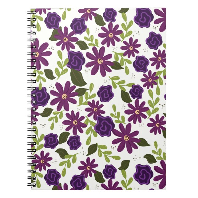 Caderno Espiral Notebook Espiral Floral com Blooms Roxos (Frente)