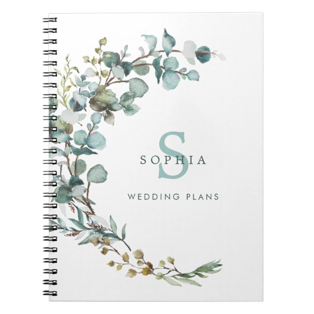 Caderno Espiral Notebook Eucalyptus Botânico Monograma de Casament (Frente)
