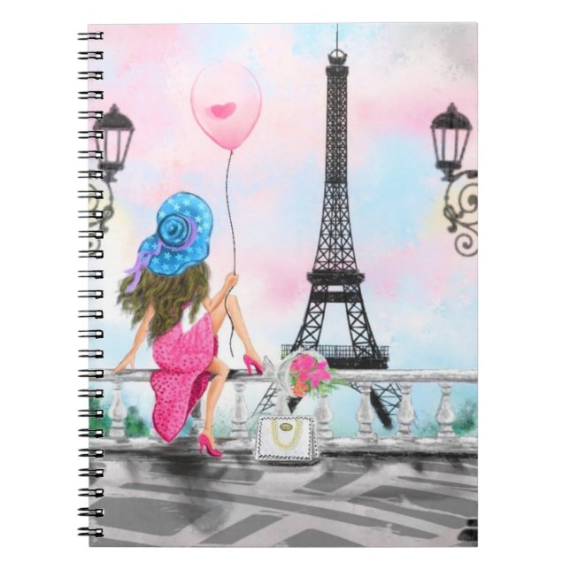 Caderno Espiral Notebook feminino em Paris com Torre Eiffel (Frente)