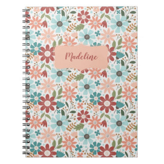 Caderno Espiral Notebook Flor de primavera em Pêssego e Azul