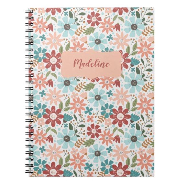 Caderno Espiral Notebook Flor de primavera em Pêssego e Azul (Frente)
