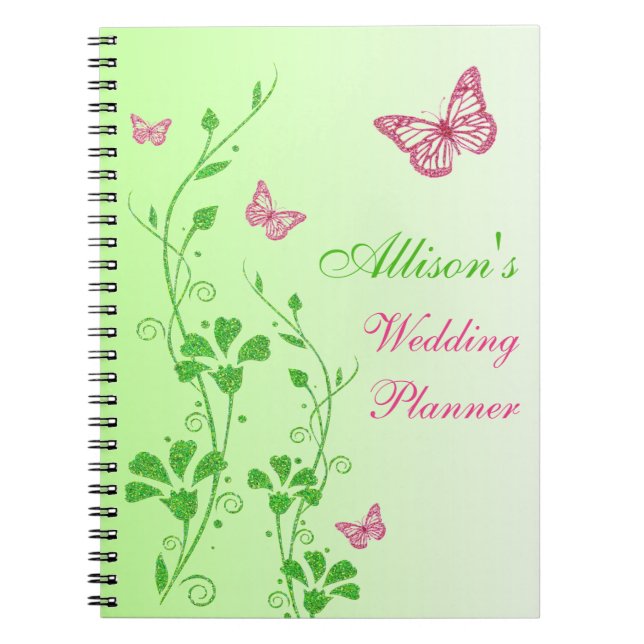 Caderno Espiral Notebook Floral com Borboleta Verde Rosa Personali (Frente)