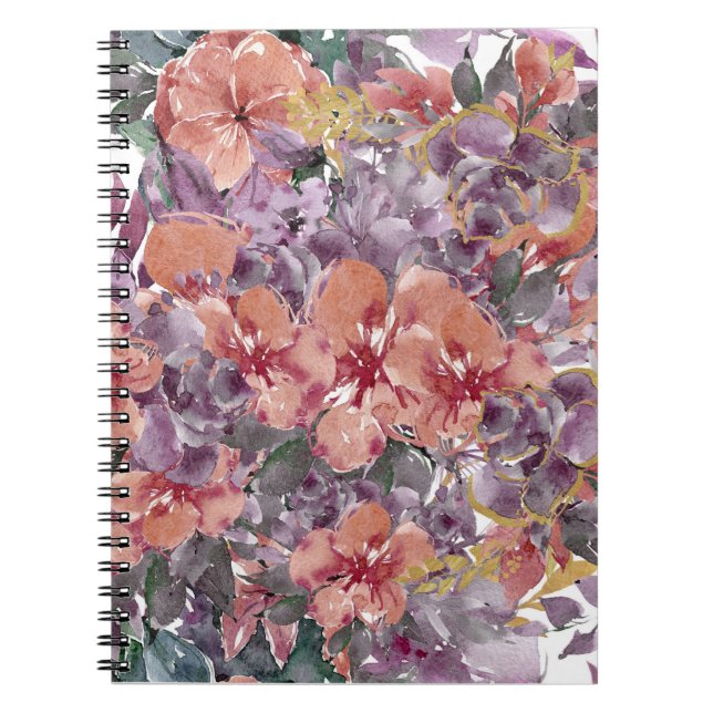 Caderno Espiral Notebook Floral Laranja e Roxo (Frente)
