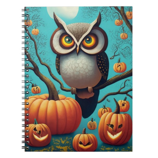 Caderno Espiral Notebook Halloween Apresentando Corujas e Pumpkins (Frente)