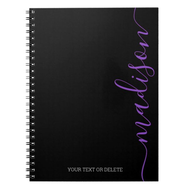 Caderno Espiral Notebook inicial com nome roxo preto moderno Monog (Frente)