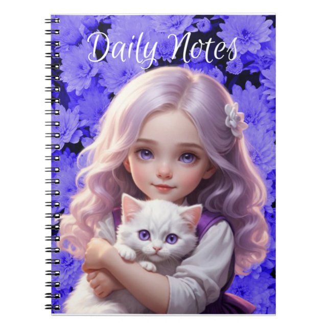 Caderno Espiral Notebook Little Girl White Kitten Purple Flowers (Frente)