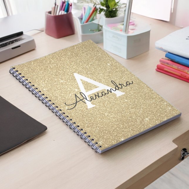 Caderno Espiral Notebook Luxury Dourado Glitter Sparkle Monograma (Criador carregado)