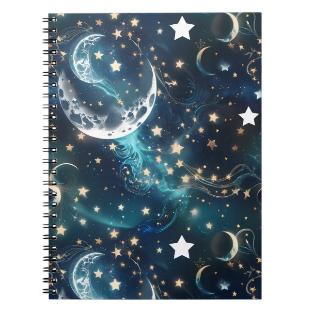 Caderno Espiral Notebook – Luxury Icy Blue Celestial Moon Phases (Frente)
