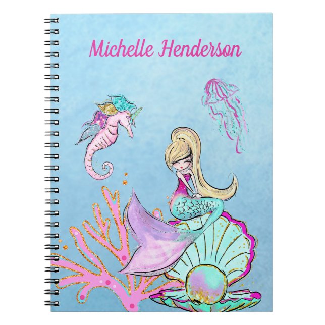 Caderno Espiral Notebook Mermaid Seacavalo e água-vivas (Frente)