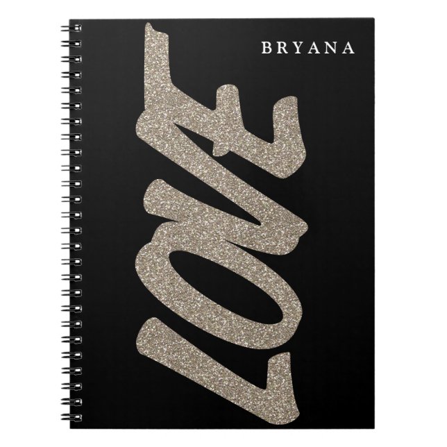 Caderno Espiral Notebook moderno Glitter Sparkle Dourado AMOR (Frente)
