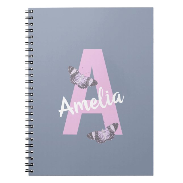 Caderno Espiral Notebook Monograma com Borboletas Personalizadas (Frente)