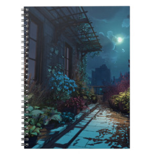 Caderno Espiral Notebook Moonlit Rooftop Garden Night
