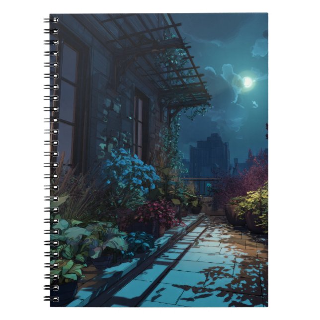 Caderno Espiral Notebook Moonlit Rooftop Garden Night (Frente)