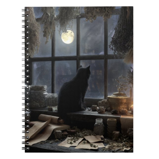 Caderno Espiral Notebook Mystical Cat Moonlit Window (Frente)