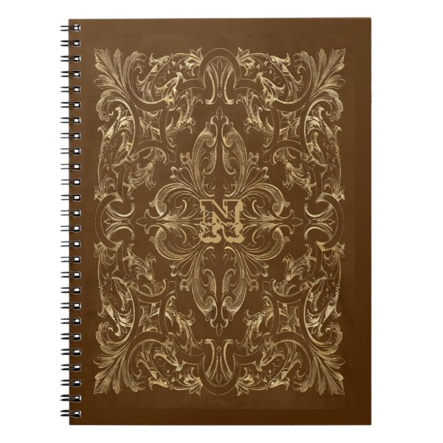 Caderno Espiral Notebook Ornamentado Brown e Frame Dourado (Frente)